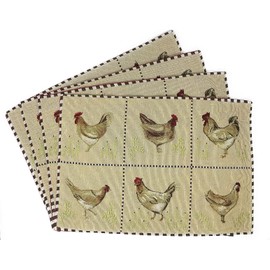 Tache Country Farmhouse Rooster Placemat Set of 4 Hens Chickens Antique Vintage Traditional Home Beige Woven Tapestry Decorative Thanksgiving Placemats, 13x19”