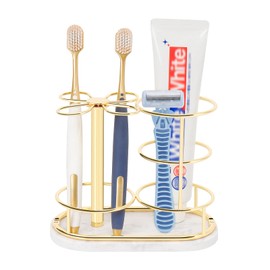 HarJue Toothbrush Holder Stand for Bathroom, Metal Toothbrush Organizer with Marble Base, Toothbrush Storage Collection for Family, Suitable for Home Hotel Countertop Vanity (Medium, Gold)