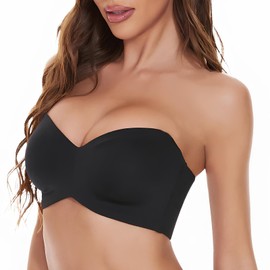 Woobilly Strapless Non Padded Bra, Non-Slip Convertible Full Support Bras, Push Up Side Smoothing Bandeau Bra-Black