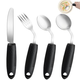 AuntyFey 4Pcs Weighted Adaptive Utensils, 45°Angled Parkinsons Utensils for Elderly, Weighted Utensils for Hand Tremors, 3.5oz Weighted Built Up Utensils for Parkinson, Disabled, Black, Right-Handed