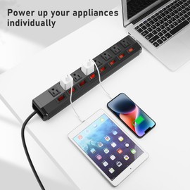 8 Outlet Heavy Duty Power Strip with 8 Individual Switches,Moutable Metal Power Strip Surge Protector 1200 Joules,6FT 14AWG Extension Cord,15A 1800W 125V 60Hz