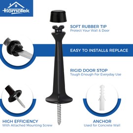 HOMOTEK 6 Pack Heavy Duty Solid Rigid Door Stop with Soft Rubber Tip, Zinc Die Cast Door Stopper Protect Wall & Door, Black