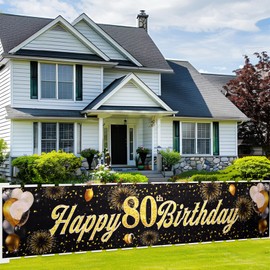 ANOMM Happy 80th Birthday Banner, 80th Black Gold Fabric Happy Birthday Decorations for Men Women, Birthday Party Photo Backdrop Banner, Outdoor Garden Wall Table Decor, 210 * 40cm