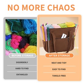 KGMCARE Crochet Bag, Tote Storage for Crocheting Knitting, Corduroy Yarn Storage Bag for Crochet Hooks, Crochet Supplies and Accessories, Crochet Projects (Brown)