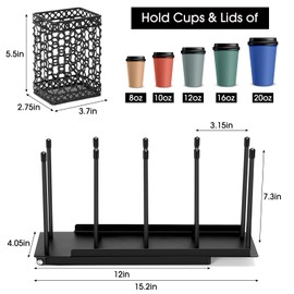 ShineMe Disposable Cup and Lid Holder with Straw Organizer, Metal Coffee Cup Dispenser,4 Compartment Adjustable Paper/Plastic Cup Holder for Coffee Station Bar Countertop Breakroom