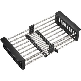 GULICA Dish Drying Rack Black, Adjustable Stainless Steel Drainer Basket Drain Tray for Dish Vegetable Fruit, 18.2" x 8.9", On or in Sink Kitchen Basket Dish Drying Rack