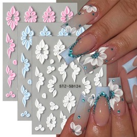 3 Sheets Embossed Flower Nail Stickers for Nail Art White Pink Blue Flower Nail Decals 5D Self-Adhesive Petal Nail Design Decals Spring Summer Nail Art Stickers for Women Acrylic Nail Supplies