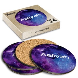 4 x Boxed Round Coasters - Name Aaliyah Space Universe Galaxy Stars Letter Lettering Initial Cork Backed MDF Glossy Tea Coffee Accessory #262611