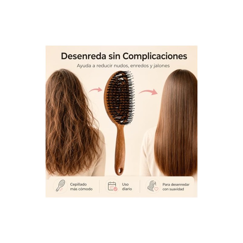 Cepillo para Cabello Desenredante de Madera con Cerdas de Jabalí