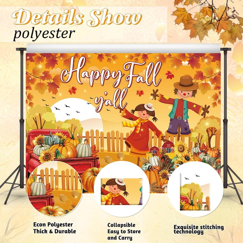Happy Fall Y'all Banner Backdrop Autumn Harvest Pumpkin Maple Leaf