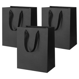 LUOKER Black Gift Bags with Handles,3Pcs Medium Thank You Gift Bag,DIY Black Paper Shopping Bags with Ribbon Handles,Gift Wrap Bags for Valentine's Day,Birthday,Anniversary,Holiday Party(Black-3pcs)