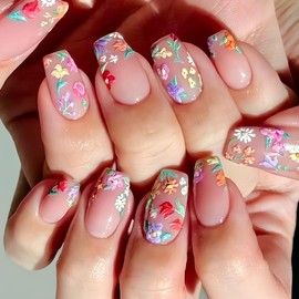 24Pcs Press on Nails Square, 3D Embossed Flowers Medium False Nails, Spring Summer Floral Glossy Fake Nails Stick on, Natural & Reusable, Full Cover Acrylic Manicure Kit for Women Girls