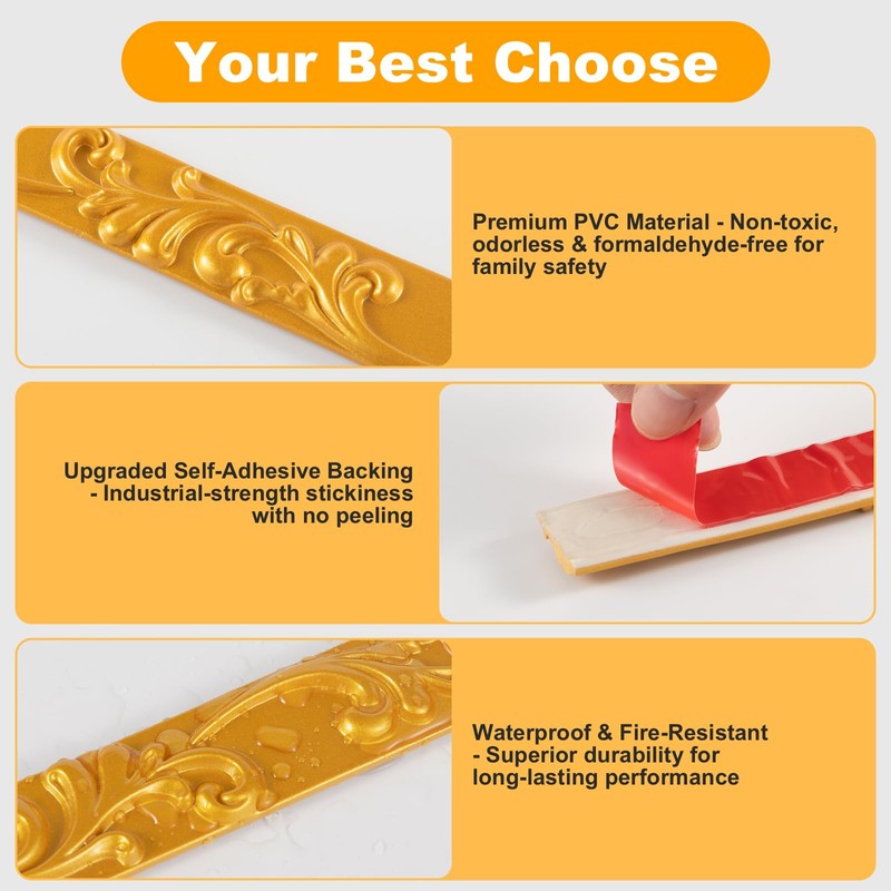 16.4FT x 1.02'' Gold Crown Molding Trim Peel and Stick