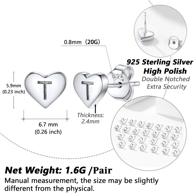 Silvora Charming Letter Earrings Heart Stud Sterling Silver Initials T
