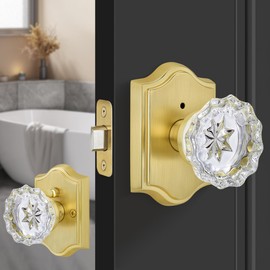 Gaurqiah Interior Glass Door Knob with Privacy Lock for Bathroom and Bedroom – Vintage Crystal Door Knob in Satin Brass Finish, Easy Install