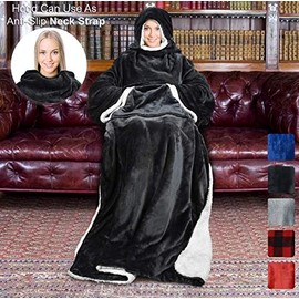 Tirrinia Sherpa Hood Wearable Blanket for Adult Women and Men, Super Soft Comfy Warm Plush Throw with Sleeves TV Blanket Wrap Robe Hoodie Cover for Sofa, Couch 72" x 55" Black