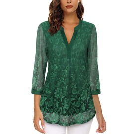 Vafoly Women's 3/4 Sleeve Top, Henley V-Neck, Double Layer, Mesh, Blouse, Tunic, Multicoloured Green