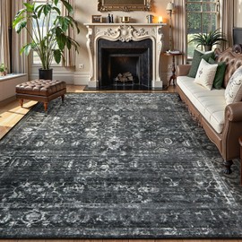 Lahome Area Rugs 9x12 Living Room Soft Large Rugs for Bedroom, Boho Black Dining Room Rug, Distressed Non Slip Low Pile Carpet for Indoor Home Office(9'x12', Black/Grey)