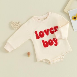 YINGISFITM Baby Boy Valentines Day Outfit Sweatshirt Romper Long Sleeve Bubble Onesie Newborn Winter Clothes Lover Boy (Beige-lover, 3-6 Months)