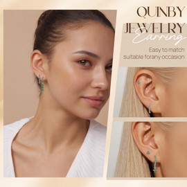 QUINBY Emerald Green Dangle Earrings For Women, Dainty Silver Earrings Stack Hypoallergenic Earring Sets For Multiple Piercing, Trendy Jewelry Gift Sets for Women Teens