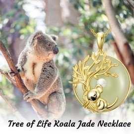 HPQQ Jade Koala Necklace for Women 14k Gold Plated Sterling Silver Tree of Life Koala Pendant Necklaces Good Fortune Jewelry Christmas Gifts for Women Mom Wife