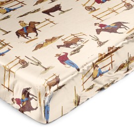 Sweet Jojo Designs Tan Brown Western Cowboy Boy Baby Satin Fitted Crib Sheet Infant Newborn Nursery Toddler Bed Room Standard Mattress Wild West Southern Country South Horse Cow Animal Red White Blue