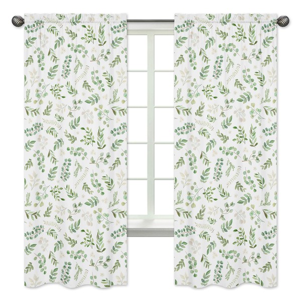 Sweet Jojo Designs Floral Leaf Window Treatment Panels Curtains - Set of 2 - Green and White Boho Watercolor Botanical Woodland Tropical Garden