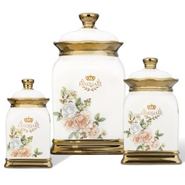 fanquare Floral Canisters with Gold Trim, Ceramic Decorative Countertop Jars, Farmhouse Porcelain Cookie Jar and Sugar Bowl Set with Airtight Lid