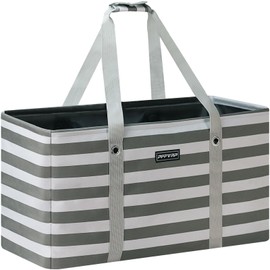 PFFVRP Stand Up Extra Large Utility Tote Bag, Foldable Reusable Grocery Bags with Metal Wire Frame & Reinforced Bottom Board, Large Utility Tote for Shopping, Car Trunk, Beach Bag (Grey)