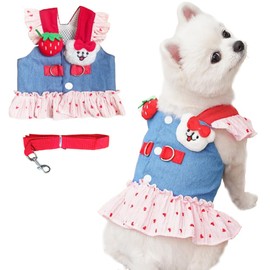 ANIAC Denim Dog Dress Harness with Leash Set Cute Small Dogs Clothes Girl Heart Patterns Puppy Dresses Breathable Mesh Cat Harness Leash Strawberry Chihuahua Yorkie Outfit (Pink Heart, Medium)