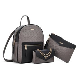 DORRISO Women Fashion Backpack Handbag Backpack for Ladies Elegant Shoulder Bag Cute Clutch Bag 3PCS Set Travel Waterproof Daypack Set for Office Dating Holiday PU Leather Grey Black