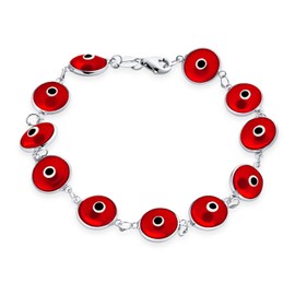 Protection Good Luck Amulet Turkish Translucent Red Glass Bead Evil Eye Bracelet For Women Teen .925 Sterling Silver 7 Inch