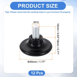 sourcing map 12Pcs M10 Thread Furniture Feet Levelers, 45x16mm Adjustable Leveling Table Feet, Screw on Furniture Glide Leveling for Chair Stool Legs, Black