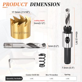 METALLIXITY Hole Saw 17.5mm (11/16"), 4341 High Speed Steel Hole Cutter with Center Drill Bit, Hex Key and Spring - for Thin Metal, Wood, Plastic, PVC Boards. Gold