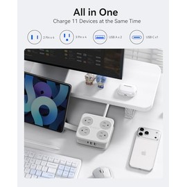 ORICO Regleta Multicontacto de Viaje con Enchufe Plano, Extensión Eléctrica de 1.5 m, 8 Salidas + 3 Puertos USB (1 USB-C), Estación de Carga Portátil 