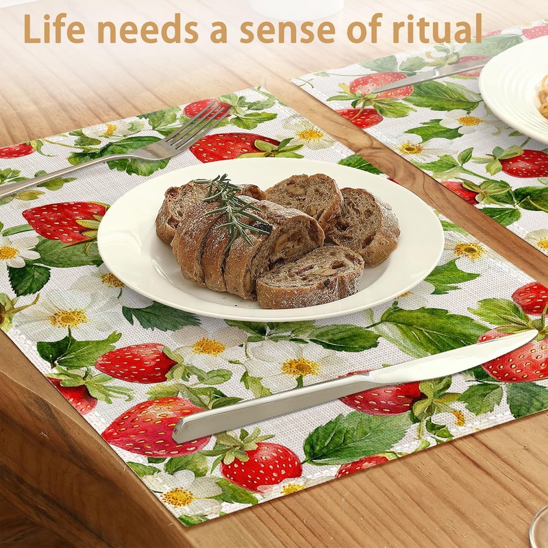 6 Pcs Placemats,Red Strawberry Placemats,Leaves Flower Table Mats Washable Recyclable