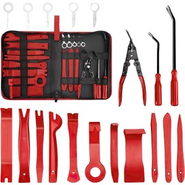 BYCRAY Herramienta de Eliminación de Recorte, Kit Herramientas Desmontaje Molduras Auto Faros Estereo 19 piezas, Juego de Eliminación de Tapicería Pry Bar Scraper Set- Rojo