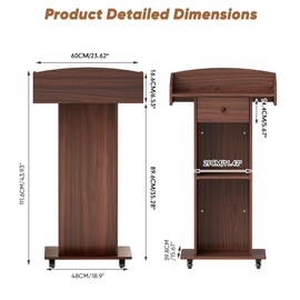 Portable Podium Stand with Metal Wheels, Rolling Podium with Drawer and Adjustable Shelf, Mobile Pulpit for Church, Wooden Lectern for Classroom Office Restaurant Conference (Brown)
