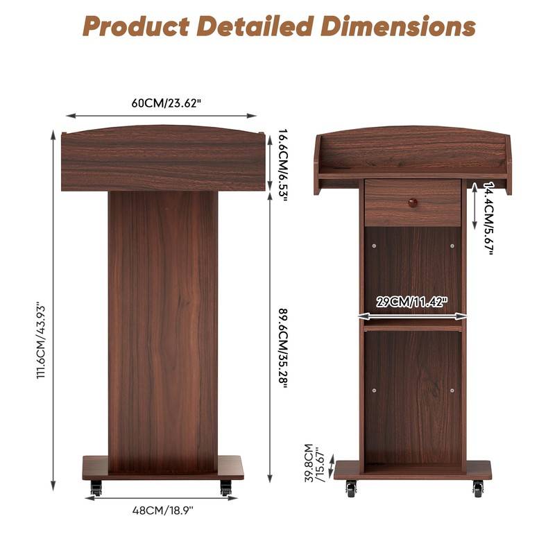 Portable Podium Stand with Metal Wheels, Rolling Podium with Drawer