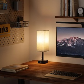 Bedside Table Lamps Set of 2 - Gray Bedroom Lamps with 3 Color Temperatures (3000K/5000K/4000K), Square Nightstand Light with USB C + A Charging Ports, Pull Chain Small Night Light