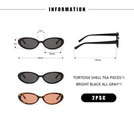 Pack of 2 Women's Sunglasses, Retro Sunglasses, Accessories, Black, Oval Aesthetic Sunglasses, Festival Rave, Brown Vintage Fashion Glasses, Slim Style, for Women, 2 Styles, black