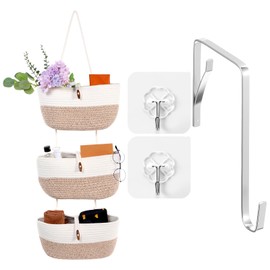 3-Tier Over the Door Basket Organizer, Hanging Door Basket with 2 Hooks and 1 Door-Hook, Cotton Rope Wall-Mounted Storage for Nursery, Bathroom, Living Room - 43.3"x15"x3.5" (White & Brown)