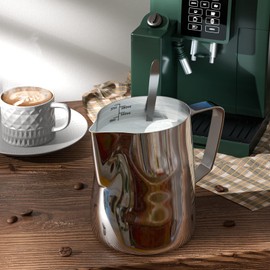 Milk Frothing Pitcher Cup, 20oz/600ML Milk Frother Cup Stainless Steel Steaming Pitcher Milk Jug Coffee Latte Art Cappuccino Espresso Machine Accessories Barista Steam Pitchers Attached Dessert Spoons