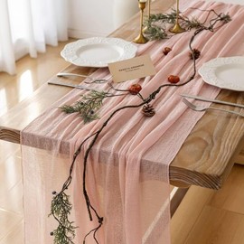 FOLAI Pack of 2 Boho Cheesecloth Table Runner Table Cloth - Rustic Wedding Table Decoration for Bridal Shower, Birthday & Celebrations (90 x 300 cm) - Eco Cotton & Reusable (Pink)