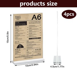 LiuHancsqd 4 Pcs A6 Acrylic Sign Holder A6 Display Stand, A6 Menu Holders, Clear Double Sided A6 Perspex Display Stands, A6 Poster Holder for Office Store Restaurant Reception Poster Menu Table Stand