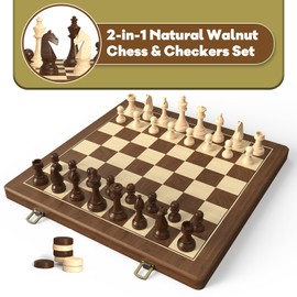 Premium Natural Walnut 15" Magnetic Wooden Folding Chess & Checkers Set- 2 in 1 Board Game with 3" King Staunton Pieces and 2 Extra Queens, Checkers, and Dust-Proof Storage Bag (Black)