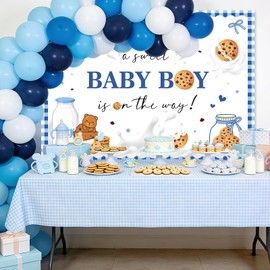 Mocsicka Cookie Baby Shower Backdrop A Sweet Baby Boy is On The Way Party Decorations Background for Boys Cookie and Milk Banner Photo Booth Props (7x5ft)