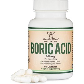Boric Acid Suppositories (600mg Vaginal Suppository, 60 Count) Supports Vaginal pH Balance, Odor Control (USP Medical Grade Fine Powder, Easy Dissolve, Third Party Tested) by Double Wood