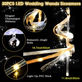 YOFOBU 30PCS Light Up Wands for Wedding,LED Fairy Wands with Bells,Wedding Wands Streamers with 3 Colorful Flashing Modes,Glow Ribbon Wands for Wedding Decor,Easter,July 4th,Rave,Birthday(Champagne)