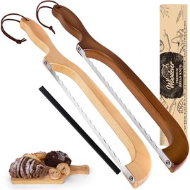 2 Pack Bread Slicer for Homemade Bread, 16'' Wooden Sourdough Bread Knife with Bow Design, Premium Stainless Steel Serrated Bread Cutter for Bagels and Baguettes Ki Blade tchen Utensils Smooth Thick Kitchen Cutting - Color: Tan